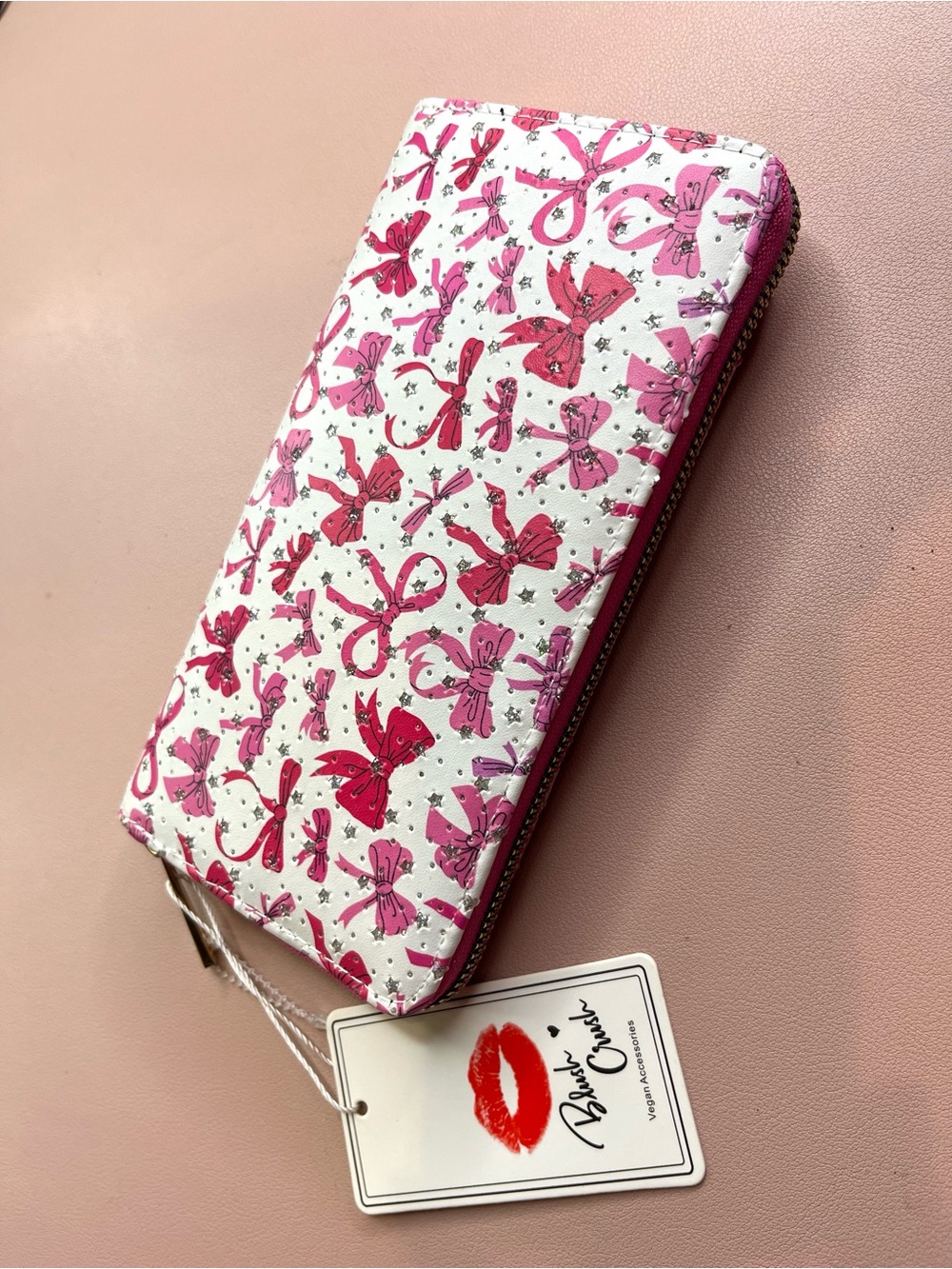 Bow Print Zip Wallet - Pink